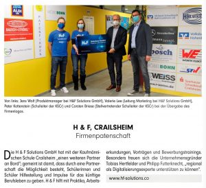 H&F ist Firmenpate der Kaufmännischen Schule Crailsheim - Artikel von w.news